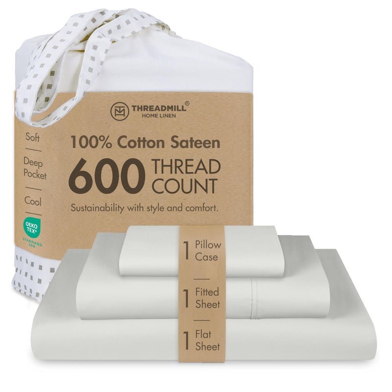 Threadmill 100% Cotton Sheets for Twin XL Size Bed - 600 Thread Count Twin XL Bed Sheets Set with 15â€ Deep Pocket - Sateen Weave 3-Piece Bedding Set with Cooling Effect, Light Grey - Image 1